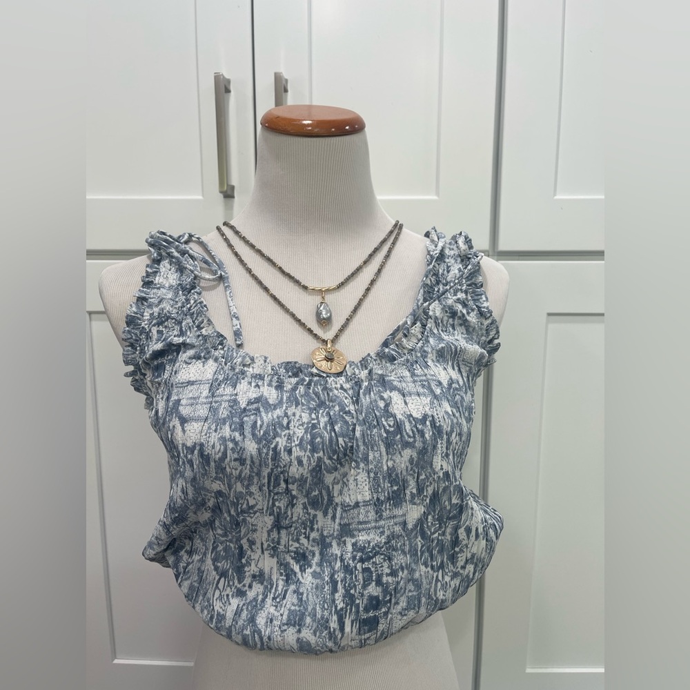 Lush Blue and White Printed Ruffled Strap Tank Top